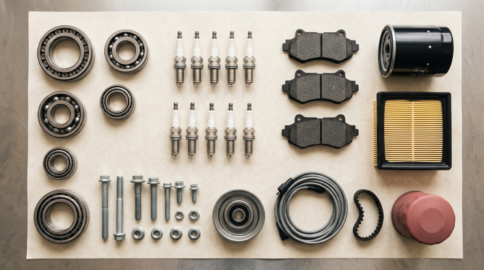 Assortiment de pièces automobiles de qualité disposées à plat